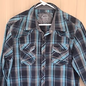 BKE Men's Teal and Black Plaid Button Down Shirt.  Size Large.
